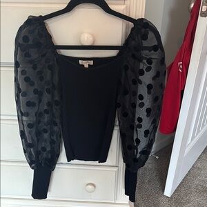 Flying Tomato Black Blouse with Sheer Polka Dot Sleeves